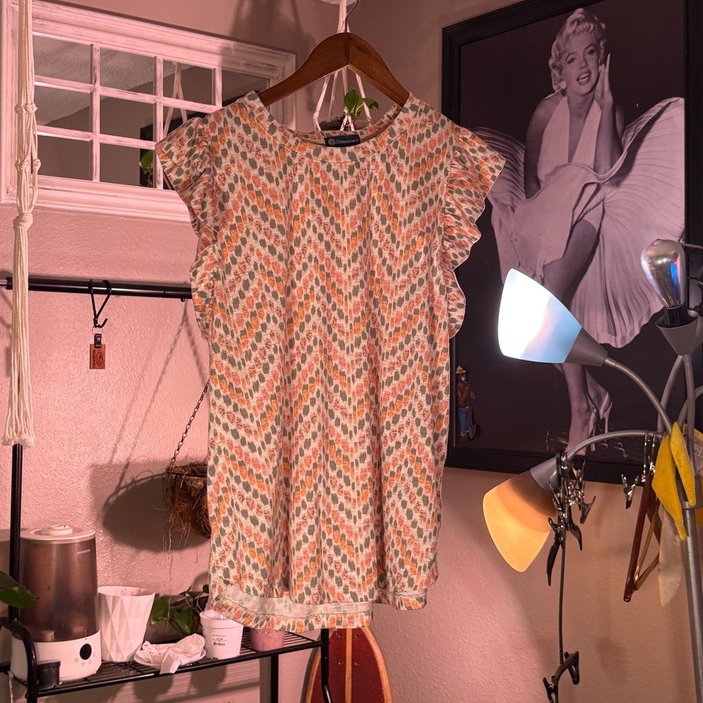 Democracy Womens XL Orange Green Ikat Chevron Flutter Sleeve Ruffle Knit Top